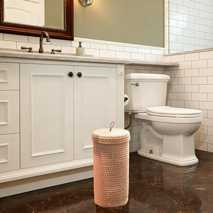Toilet Paper Holder Handmade – Woven Cotton Toilet Paper Stand & Storage Basket with Lid, Freestanding Organizer for Bathroom, Fits 3 Mega Rolls Gradient Brown 14'' x 7''