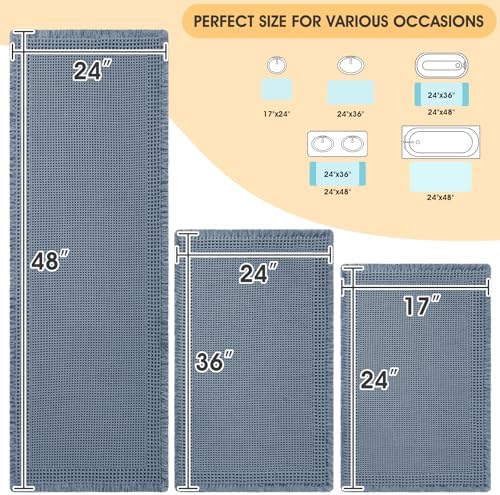 IM HOME Upgrade Waffle Bath Mat Set 3 Piece, Boho Bathroom Rugs Absorbent Non Slip, Soft Bathroom Mats, Machine Washable Knit Bath Rugs with Border for Bathroom, Bedroom, Kitchen, Shower, Tub, Blue