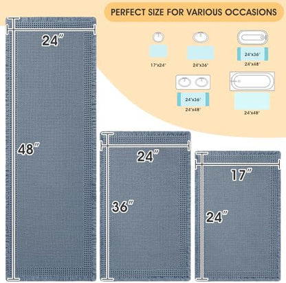 IM HOME Upgrade Waffle Bath Mat Set 3 Piece, Boho Bathroom Rugs Absorbent Non Slip, Soft Bathroom Mats, Machine Washable Knit Bath Rugs with Border for Bathroom, Bedroom, Kitchen, Shower, Tub, Blue