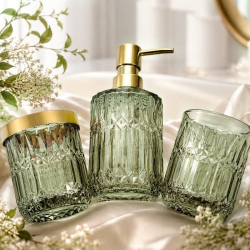 Green Bathroom Accessories Set, 5Pcs Clear Glass Green Accessories with Lotion Soap Dispenser, Soap Dish, Toothbrush Holder, Tumbler, Cotton Swab Jar, Modern Bathroom Decor Crystal Vintage Gift