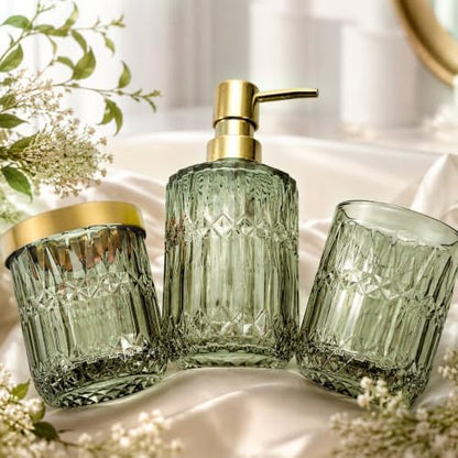 Green Bathroom Accessories Set, 5Pcs Clear Glass Green Accessories with Lotion Soap Dispenser, Soap Dish, Toothbrush Holder, Tumbler, Cotton Swab Jar, Modern Bathroom Decor Crystal Vintage Gift