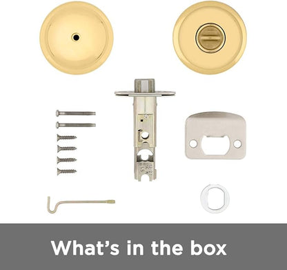 Kwikset Juno Interior Privacy Door Knob with Lock, Door Handle For Bathroom and Bedroom, Polished Brass Keyless Turn Lock Doorknob