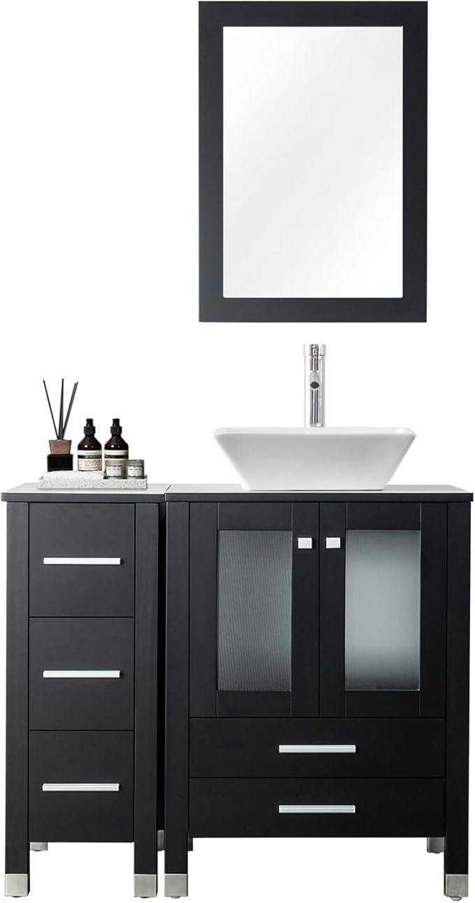 LUCKWIND 36" Bathroom Vanity Combo with Sink, 24"+12.6" Width, Painted Bathroom Storage Cabinet with 5 Drawers, Including White Square Sink Without Mirror, Black