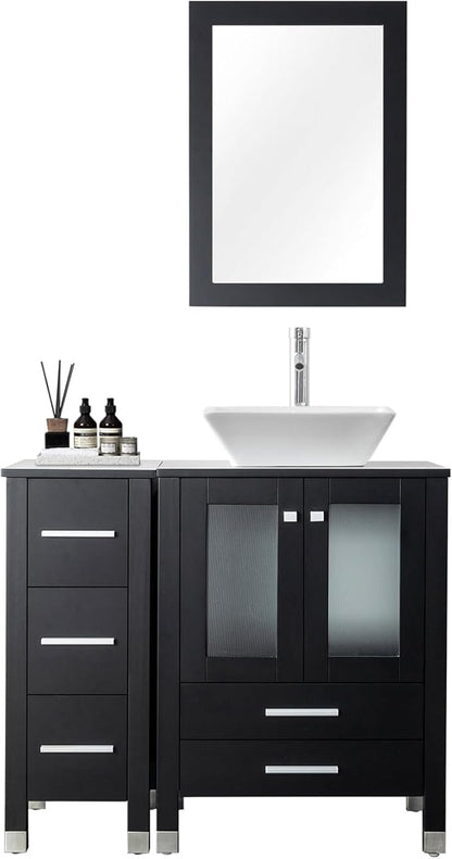 LUCKWIND 36" Bathroom Vanity Combo with Sink, 24"+12.6" Width, Painted Bathroom Storage Cabinet with 5 Drawers, Including White Square Sink Without Mirror, Black