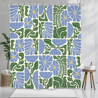 Matisse Flower Shower Curtain 60Wx72L Inch Abstract Retro Aesthetic Minimalist Vintage Art 70s Modern Violet Blue Green Bathroom Set Accessories Decor with 12 Pack Hooks