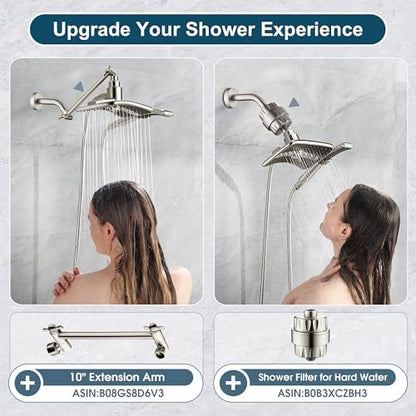 BRIGHT SHOWERS High Pressure Shower Head Combo with Two Spray Setting Fixed Shower Head and Two Spray Settings Handheld Shower Head with Grey Face, Brushed Nickel (Pack of 2)
