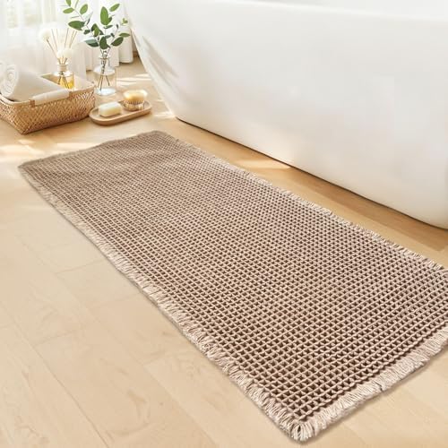 Waffle Bath Mat, Boho Bathroom Rug Non Slip Washable, 20 x 48, Khaki