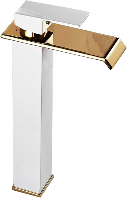 Bathroom Vessel Sink Faucet White Gold Waterfall Single Handle One Hole Bowl Sink Faucet Vanity Lavatory Faucets Tall Bath Deck Mount Basin Tap Supply Lines Hose Commercial