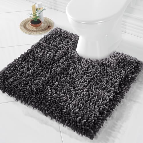 Yimobra Toilet Rugs U Shaped Washable, Extra Thick Soft Absorbent Chenille Contour Bathroom Rugs for Toilet 24x24 Inch, Quick Dry Non Slip Toilet Mat for Bath Floor, Dark Grey