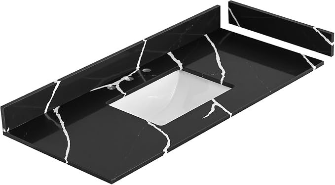 48 in. W x 22 in D Quartz Vanity Top in Black Marquina,with One Sidesplash & One Backsplash, Vanity Sink Top with Assembled Single Drop-in Sink, Pre-Drilled 8 Inch Faucet Hole Countertop