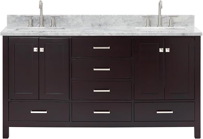 ARIEL Cambridge 66-inch Bathroom Vanity with Sink,Solid Wood, 0.75-inch Italian Carrara Marble Countertop, Double Rectangular Porcelain Sink, 4 Soft Closing Doors, 6 Dovetail Drawers, Espresso