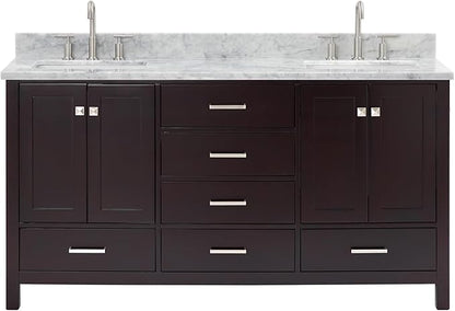 ARIEL Cambridge 66-inch Bathroom Vanity with Sink,Solid Wood, 0.75-inch Italian Carrara Marble Countertop, Double Rectangular Porcelain Sink, 4 Soft Closing Doors, 6 Dovetail Drawers, Espresso