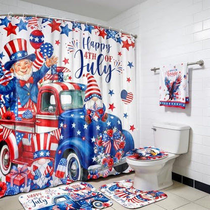 FuWeave 8 Pcs 4th of July Shower Curtain Set, Patriotic Gnome & Truck Bathroom Decor, 250th Anniversary White Red Blue American Flag, Includes Towels, Non-Slip Rugs, Toilet Lid Cover & 12 Hooks