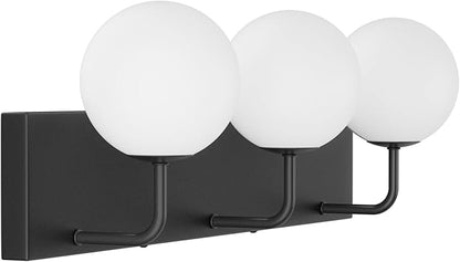 Tipace 3-Light Modern Black Bathroom Vanity Light Fixtures Over Mirror Mid Century Vanity Lights with Milk White Glass Globe Industrial Bath Lighting(Exclude Bulb)