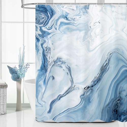 Blue Marble Fabric Shower Curtain, Abstract Watercolor, 54 x 78 Inches