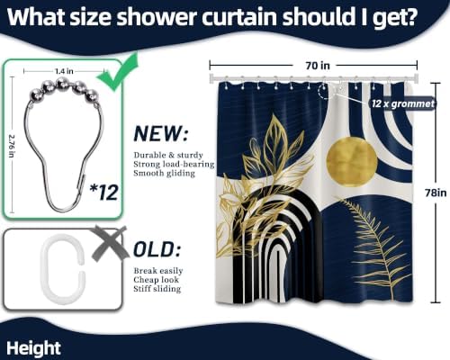 Navy Blue and Gold Extra Long Shower Curtain, Tall 72X78 in, Mid Century