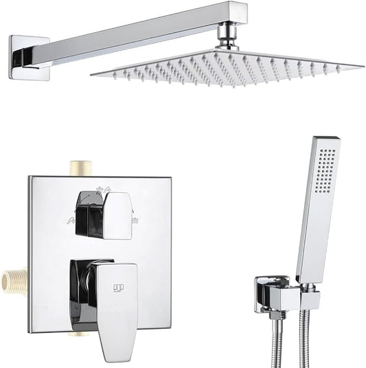 Shower Faucet Set Polished Chrome Rainfall 8 Inch Shower Head and Handle Set Bathroom Rain Shower System Wall Mounted Shower Fixture Include Shower Valve and Trim Kit