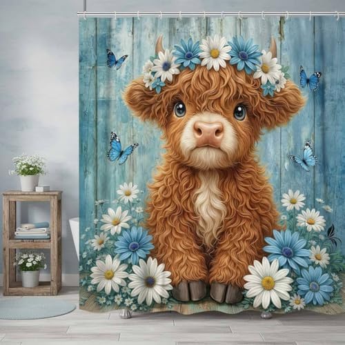 Cute Cow Shower Curtain, Farmhouse Rustic Blue Floral Daisy Highland Cow Shower Curtains for Bathroom, Calf Country Farm Animal Garden Plant Fabric Bathroom Decor with Hooks, 70x75 inch