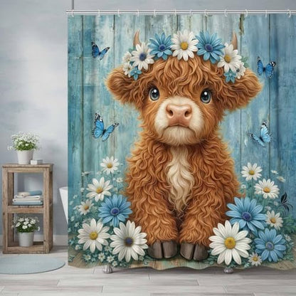 Cute Cow Shower Curtain, Farmhouse Rustic Blue Floral Daisy Highland Cow Shower Curtains for Bathroom, Calf Country Farm Animal Garden Plant Fabric Bathroom Decor with Hooks, 70x75 inch