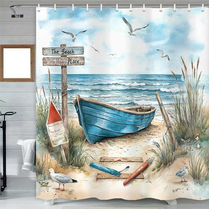 Nautical Coastal Shower Curtain for Bathroom, Ocean Beach Decor Bath Curtains, Blue Teal Seasides Sailboat Shower Curtain Set with Hook 72X72IN