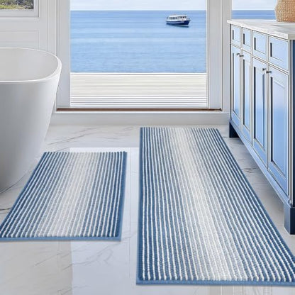 BSICPRO Bathroom Rugs Sets 2 Piece, Non Slip Striped Bath Mats, Sky Blue