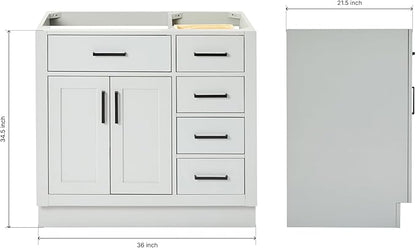 ARIEL Hepburn 36-inch Bathroom Vanity Base Cabinet,Solid Wood, 2 Soft Closing Doors, 5 Dovetail Drawers, Grey