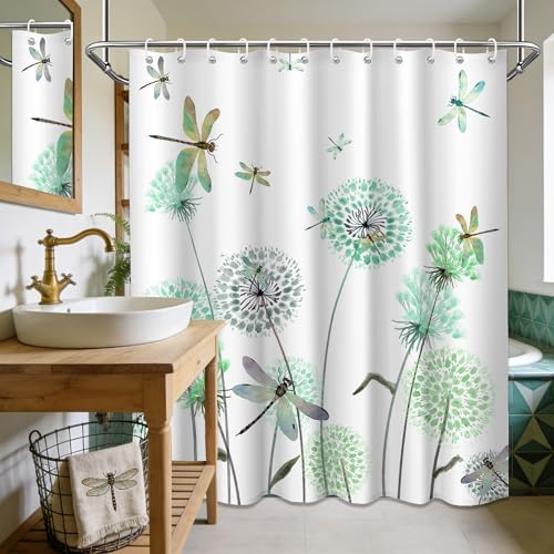 Mint Green Dandelion Shower Curtain Spring Dragonfly Teal White Watercolor Shower Curtains for Bathroom Decor, Waterproof Cloth Fabric with Hooks 70" Wx72 L
