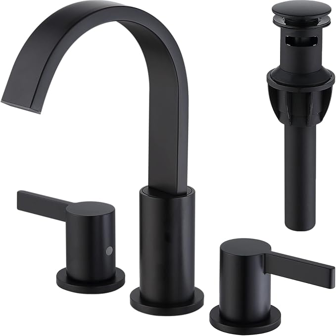 TRUSTMI 3 Hole Matte Black Bathroom Faucet 8 Inch Widespread, Brass Lavatory Vanity Sink Faucet with Overflow Pop-Up Drain and cUPC Waterlines, 360 Degree Swivel Spout