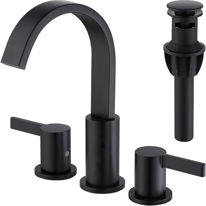 TRUSTMI 3 Hole Matte Black Bathroom Faucet 8 Inch Widespread, Brass Lavatory Vanity Sink Faucet with Overflow Pop-Up Drain and cUPC Waterlines, 360 Degree Swivel Spout