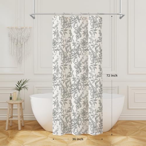 Black Boho Linen Fabric Shower Curtain , Farmhouse Floral For Bathroom