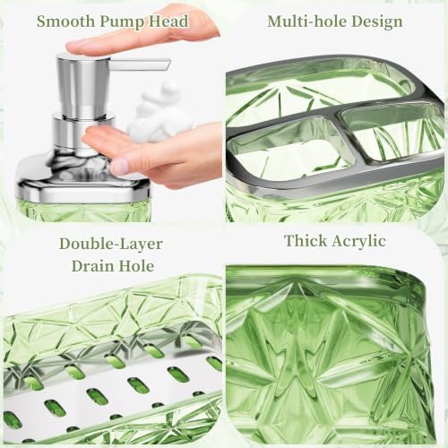 Green Bathroom Accessories Set 7 Pcs, Green Bathroom Sets, Acrylic Soap Dispenser and Toothbrush Holder Set, Qtip Holder Set, Bathroom Sink Set, Gift for Home Apartment