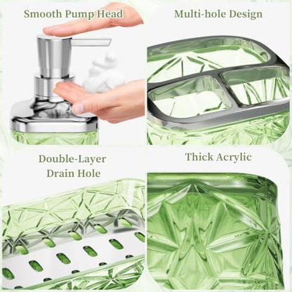 Green Bathroom Accessories Set 7 Pcs, Green Bathroom Sets, Acrylic Soap Dispenser and Toothbrush Holder Set, Qtip Holder Set, Bathroom Sink Set, Gift for Home Apartment
