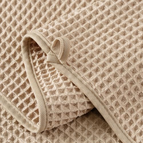 Microfiber Waffle Bath Towels, 4 Pieces, Soft, Absorbent, Fast Drying, Lint Free 430 GSM (27''x55''/68.58 cm x139.7 cm) (Beige+Blue)