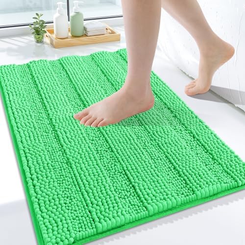 Grandaily Chenille Striped Bathroom Rugs 24x16, Extra Thick and Soft Absorbent Bath Mats, Rubber Backing, Plush Shaggy Shower Carpet, Machine Wash Dry, Bath Rug for Bathroom, Mint Green