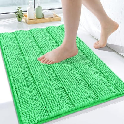 Grandaily Chenille Striped Bathroom Rugs 24x16, Extra Thick and Soft Absorbent Bath Mats, Rubber Backing, Plush Shaggy Shower Carpet, Machine Wash Dry, Bath Rug for Bathroom, Mint Green