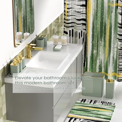 Bathroom Set - Bathroom Accessory Set, Sage Green Bathroom Set, 26PC Bathroom Sets with Shower Curtain and Rugs, Toilet Brush, Trash Can, Qtip Holder & Bathroom Soap Dispenser Set