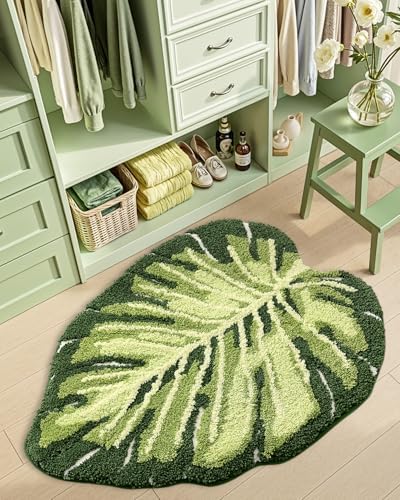 DEXI Cute Bath Mat, Green Leaf Monstera Bathroom Rugs 47x31.5