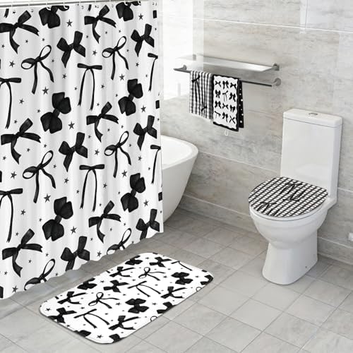 FuWeave 8 Pcs Black Shower Curtain Set Aesthetic Bow Knot Bathroom Decor Pretty Coquette Waterproof Shower Curtain Modern Minimalist Towels Non Slip Rug Toilet Lid Cover Bath Mat with 12 Hooks