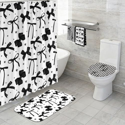 FuWeave 8 Pcs Black Shower Curtain Set Aesthetic Bow Knot Bathroom Decor Pretty Coquette Waterproof Shower Curtain Modern Minimalist Towels Non Slip Rug Toilet Lid Cover Bath Mat with 12 Hooks