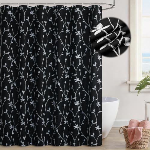 Embroidered Leaf Farmhouse Shower Curtain,Faux Linen,72Wx72L,Black
