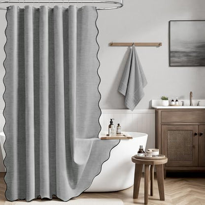 BTTN Boho Scalloped Linen Textured Cloth Shower Curtain, 72x84, Grey/Gray
