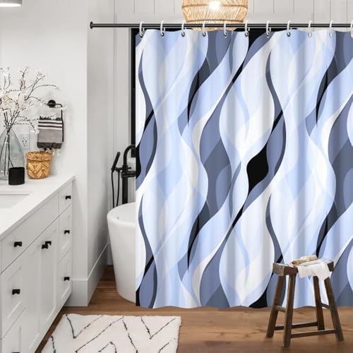 Sky Blue Striped Shower Curtain Extra Wide 108x72 inch 18 Hooks