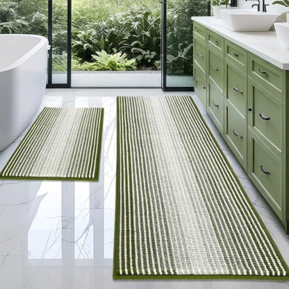 BSICPRO Bathroom Rugs Sets 2 Piece, Non Slip Striped Bath Mats, Sage