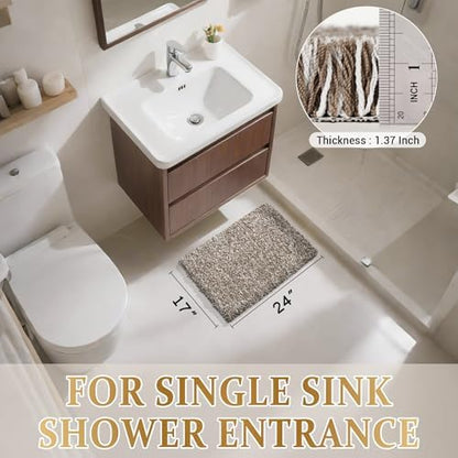 Yimobra Bathroom Rugs Non Slip Washable, Ultra Soft and Water Absorbent Bath Mats, Plush Fluffy Shower Mat Outside, Microfiber Thick Matts for Bathroom Floor/Sink, 24X17, Light Brown and White