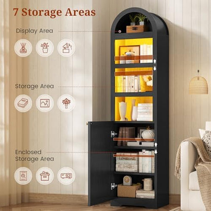 UPOSOJA 72" Tall Arched Narrow Bathroom Storage Cabinet with Lights, Slim Storage Cabinet with Adjustable Shelves for Small Spaces, Farmhouse Style (Black)