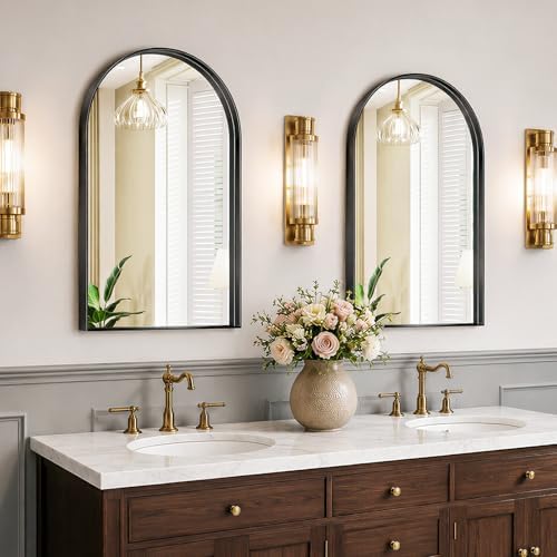 Arched Bathroom Mirrors Set of 2, 24x32 Black Rust-Resistant Metal Frame Vanity Mirror, HD Shatter-Resistant Wall Mirror for Over Sink, Modern Bathroom Mirror for Bedroom, Entryway, Living Room