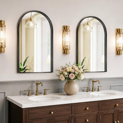 Arched Bathroom Mirrors Set of 2, 24x32 Black Rust-Resistant Metal Frame Vanity Mirror, HD Shatter-Resistant Wall Mirror for Over Sink, Modern Bathroom Mirror for Bedroom, Entryway, Living Room