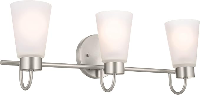 Kichler Erma 3-Light Bathroom Vanity Light Fixture with Clear Satin Etched Glass, Updated Traditional Wall Light in Brushed Nickel, (23" x 8.5")