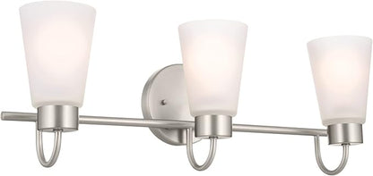 Kichler Erma 3-Light Bathroom Vanity Light Fixture with Clear Satin Etched Glass, Updated Traditional Wall Light in Brushed Nickel, (23" x 8.5")