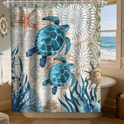 Nautical Green Sea Turtles Beach Theme Fabric Shower Curtain Sets Bathroom Blue Ocean Decor with Grommets and Hooks - 72 x 72 Inch Teal (Pack of 2)